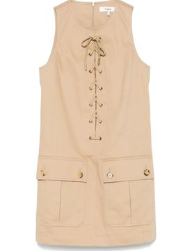 Cotton Satin Mini Dress with Front Laces and Double Slit