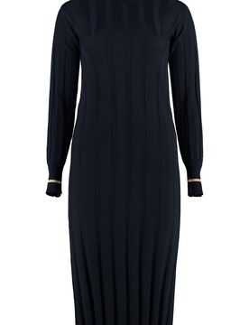 Stylish Virgin Wool Dress with Ribbed Edges and Buttoned Cuffs