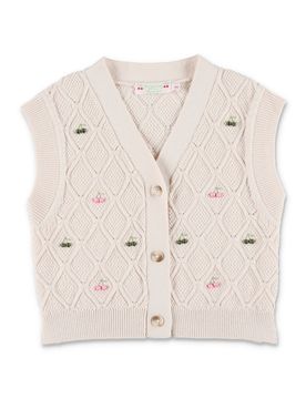 Sleeveless V-Neck Mini Cardigan with Cherry Embroidery