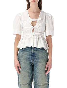 Washed Cotton Tie-Front Blouse with Puff Sleeves - Size 36