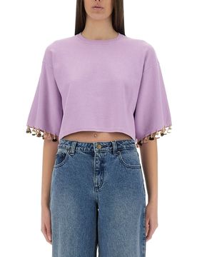 Cropped Embellished Gathered Cotton-jersey T-shirt