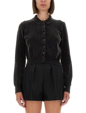 Crop Cardigan with Polo Collar in Cotton Blend Velvet