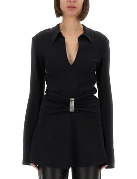 Long-sleeved Mini Dress in Cady with Metal Buckle on the Front