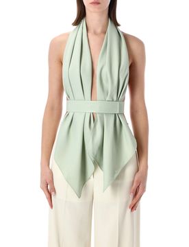 Sophisticated Scarf-Effect Top with Open Back - Size 40