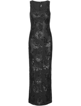 Long Fitted Sequined Floral Dress with Back Slit - Size 34