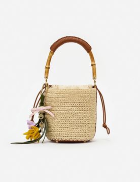Chic Raffia Drawstring Pouch Handbag with Bamboo Handle