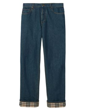 Classic Denim Jeans with Check Hem
