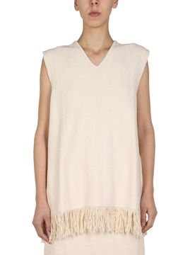 V-Neck Top with Fringed Hem