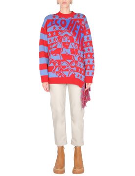 Crew Neck Wool Sweater with Fringe