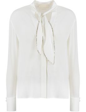 Creased Pleated Shirt with Pussy-Bow Collar