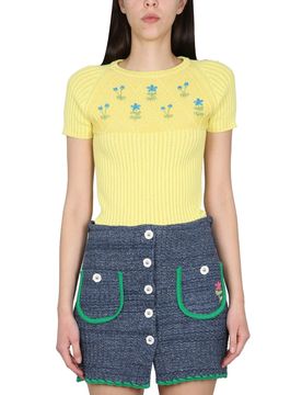 Flower-embroidered Knitted T-shirt