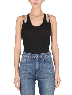 Chain-embellished Ribbed Cotton-blend Jersey Tank