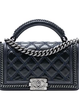 Old Medium Quilted Calfskin Whipstitch Chain Around Boy Top Handle Flap