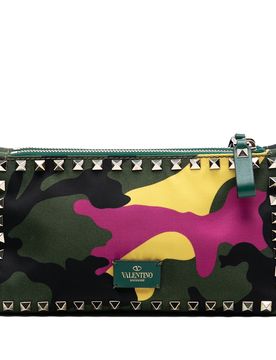 Nylon Rockstud Camouflage Double Zip Clutch
