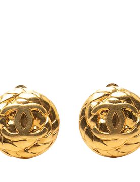 CC Quilted Gold Plated Round Clip On Earrings