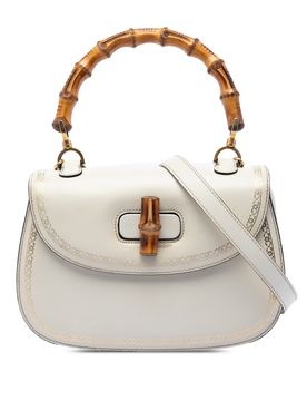 Calfskin Frame Print Bamboo Top Handle Bag