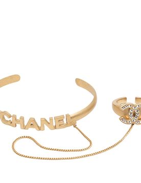 CC Gold Plated Rhinestone Logo Cuff Bracelet and Ring Set