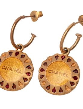 Gold Plated Enamel Logo Round Scalloped Swing Push Back Earrings
