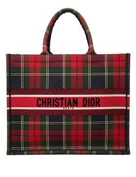 Large Embroidered Canvas Tartan Check Book Tote