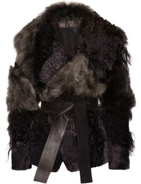 Leather Trimmed Patchwork Shearling Coat