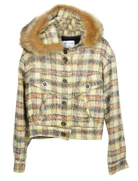 Wool Blend Fur Trim Check Jacket