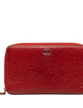 Embossed Lambskin Camellia Zip Around Long Wallet
