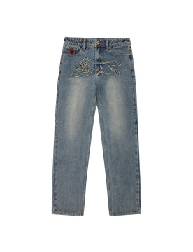 Distressed Applique Running Dog Denim Pants - Vintage Wash