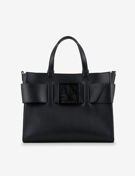 Borsa a mano in similpelle nera Exchange con maxi fibbia tono su tono con scritta logo