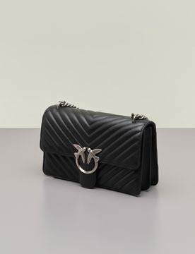 Classic Bag Chevron in pelle nera con fibbia Love Birds argento e tracolla a catena regolabile