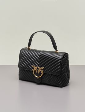 Maxi Lady Bag in pelle nera con motivo a chevron e manico a mano e fibbia Love Birds dorata