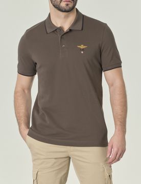 Polo verde militare in piqué di puro cotone con bordino blu e logo ricamato al petto