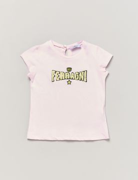 T-shirt rosa mezza manica in puro cotone con scritta logo gialla in spugna 12-36 mesi