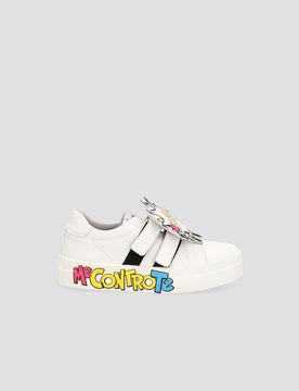 Sneakers bianche in ecopelle con maxi patch fumetto porta logo removibile 32-34