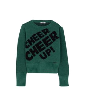 Maglia verde in misto lana di alpaca con maxi scritta Cheer Cheer Up! e lurex 10-14 anni