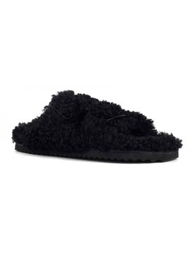 Slippers nere in ecopelliccia effetto shearling con doppia fascetta e fibbie tono su tono