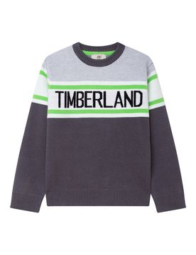 Maglia girocollo grigia con fascia bianca e verde e logo jacquard 14-16 anni