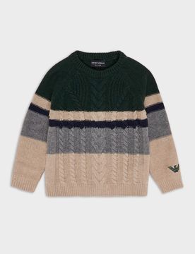 Maglia girocollo a fasce beige verde e grigia lavorata a trecce in misto lana e cachemire 10-16 anni