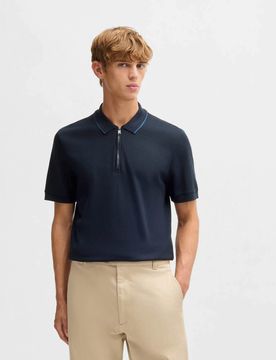 Polo Paras blu in cotone micro armatura con apertura zip e bordino sul colletto