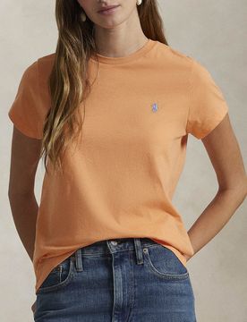 T-shirt Polo arancione girocollo in cotone con logo azzurro ricamato