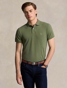 Polo verde militare mezza manica in piquè di puro cotone slim-fit