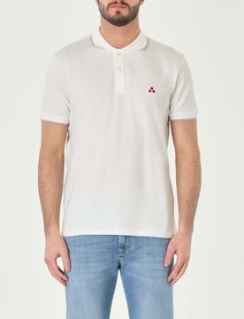 Polo avorio mezza manica in piquet di cotone stretch con bordino bianco e grigio