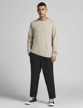 Maglia beige girocollo in puro cotone punto pepe con maniche raglan