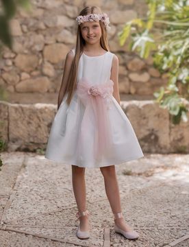Abito avorio in tulle con gonna ampia fascia a fiori e maxi fiocco