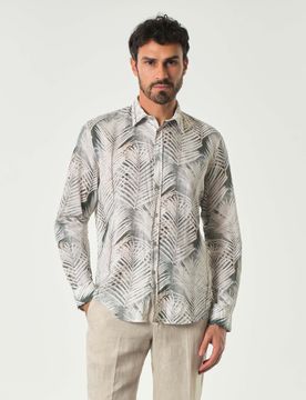 Camicia verde militare in fantasia felci beige di misto lino e cotone