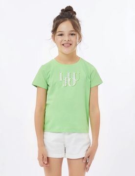 T-shirt verde mela mezza manica con logo in strass