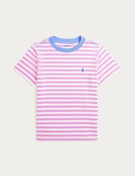 T-shirt mezza manica a righe bianche e fucsia Polo con logo pony lilla
