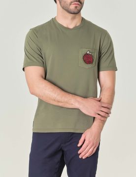 T-shirt verde militare mezza manica con taschino e ricamo Snoopy