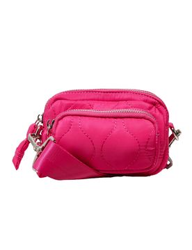 Borsa fucsia in nylon trapuntato con tasca esterna e tracolla spessa rimovibile