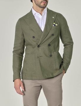 Blazer doppiopetto verde militare in puro lino con rever a lancia e tasche applicate