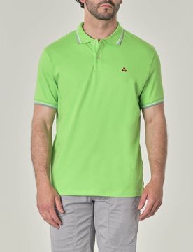 Polo verde chiaro mezza manica in piqué di cotone stretch con bordino bianco e grigio